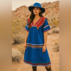 Vintage Native American Seminole Handmade Colorful Patchwork Midi Dress Women